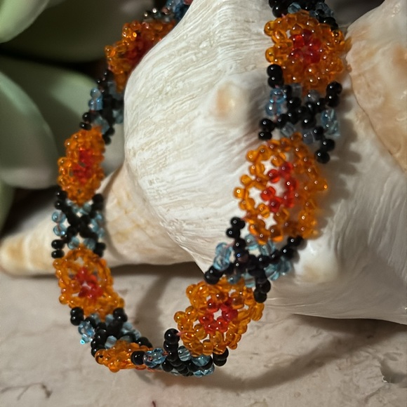 Handmade Beaded Bracelet-Seed Beads-Hook Closure-Orange/Black/Blue/Red - Picture 2 of 11